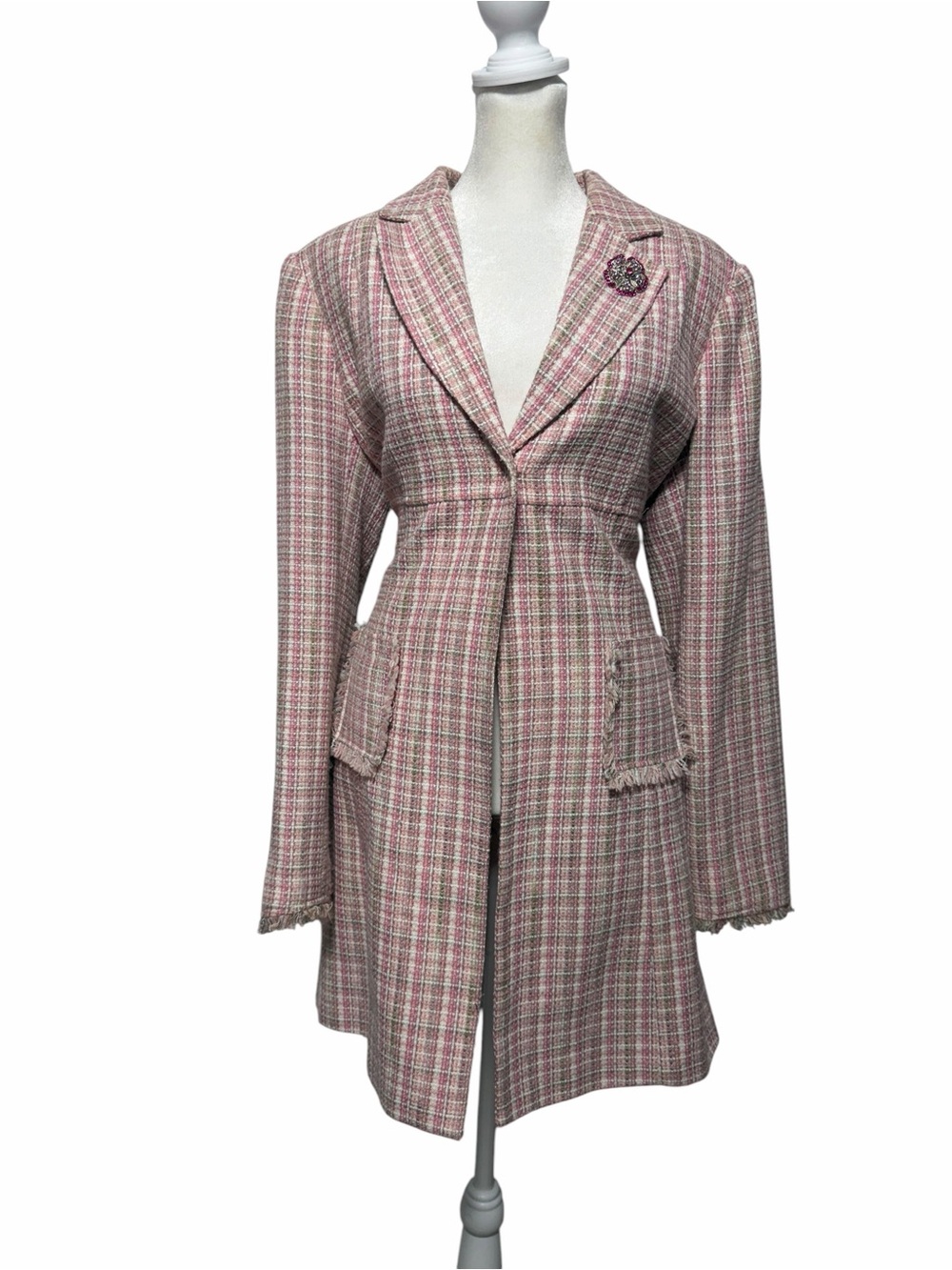 Dalia Pink Plaid Tweed Fringe Trim Longline Blazer Coat Size 14